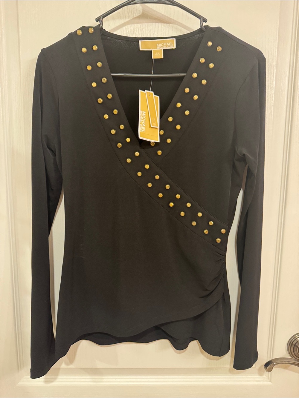Michael Kors Black Long-Sleeve Wrap Top with Gold Studs
